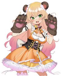 Rule 34 | 1girl, absurdres, animal ears, animal hands, bear ears, blonde hair, blush, bow, bowtie, breasts, cleavage, commentary, corset, detached sleeves, dress, fake animal ears, fang, flower, gloves, green eyes, hair flower, hair ornament, highres, hololive, large breasts, layered dress, long hair, looking at viewer, mirami (tatarim39), momosuzu nene, momosuzu nene (1st costume), multicolored hair, open mouth, paw gloves, pink hair, sideboob, sleeveless, sleeveless dress, smile, solo, symbol-only commentary, undercut, very long hair, virtual youtuber