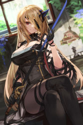 Rule 34 | 1girl, asymmetrical gloves, black dress, black footwear, black gloves, black pantyhose, blonde hair, blush, boots, breasts, buckle, cleavage, closed mouth, collar, crossed legs, dress, dutch angle, elbow gloves, eyepatch, feet out of frame, gloves, goomrrat, highres, holding, holding sword, holding weapon, horns, indoors, large breasts, long hair, one eye covered, original, pantyhose, red eyes, single elbow glove, sitting, smile, solo, sword, thigh boots, thigh strap, thighhighs, uneven gloves, very long hair, weapon, window