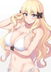 Rule 34 | 1girl, absurdres, bikini, black bow, blonde hair, blue eyes, blunt bangs, blush, bow, breast hold, breasts, cleavage, closed mouth, collarbone, elf, hair bow, hair flip, hand in own hair, highres, large breasts, long hair, looking at viewer, mobu, navel, pointy ears, princess connect!, saren (princess connect!), side-tie bikini bottom, simple background, smile, solo, swimsuit, wavy hair, white background, white bikini