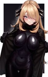Rule 34 | 1girl, black bodysuit, black coat, black gloves, blonde hair, bodysuit, border, breasts, closed mouth, coat, covered erect nipples, covered navel, cowboy shot, creatures (company), cynthia (pokemon), eyelashes, fur collar, fur trim, furrowed brow, game freak, gloves, grey eyes, hair ornament, hair over one eye, highres, impossible bodysuit, impossible clothes, large breasts, light smile, long hair, looking at viewer, nintendo, open clothes, open coat, outside border, parted bangs, pokemon, pokemon dppt, shiny clothes, skin tight, solo, thigh gap, very long hair, volyz, white border