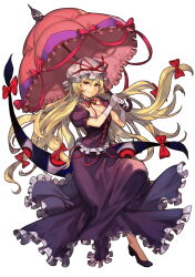 Rule 34 | 1girl, black footwear, blonde hair, bow, breasts, cleavage, closed mouth, collar, commentary request, dress, frilled collar, frilled dress, frills, full body, gap (touhou), hair bow, highres, holding, holding umbrella, hungry clicker, long hair, looking at viewer, medium breasts, parasol, puffy short sleeves, puffy sleeves, purple dress, red ribbon, ribbon, second-party source, shoes, short sleeves, simple background, smile, solo, touhou, umbrella, very long hair, white background, yakumo yukari, yellow eyes