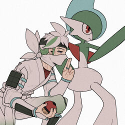 Rule 34 | 1boy, armor, batabiru, beni (pokemon), commentary request, creatures (company), from side, gallade, game freak, gen 4 pokemon, gradient pants, green hair, grey eyes, half-closed eyes, holding, holding poke ball, jacket, jewelry, male focus, multicolored hair, nintendo, on one knee, pants, poke ball, poke ball (legends), pokemon, pokemon legends: arceus, ring, short hair, simple background, white background, white hair, white jacket, white pants