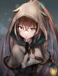 Rule 34 | 1girl, blurry, bokeh, brown capelet, brown cloak, brown corset, brown eyes, brown hair, capelet, cloak, corset, depth of field, feather hair ornament, feathers, gloves, hair ornament, highres, hololive, hololive english, hood, index finger raised, lantern, looking at viewer, nanashi mumei, parted lips, partially fingerless gloves, ponytail, ribbon, rryiup, shirt, solo, virtual youtuber, white shirt