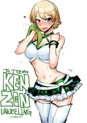 Rule 34 | 10s, 1girl, absurdres, alternate costume, belt, blonde hair, blue eyes, blush, boots, bracelet, braid, breasts, character name, cleavage, commentary request, cowboy shot, criss-cross halter, crop top, darjeeling (girls und panzer), earrings, english text, girls und panzer, green skirt, halterneck, heart, highres, holding, ichigai (hayawossan), jewelry, layered skirt, light smile, looking at viewer, medium breasts, microskirt, midriff, navel, open mouth, race queen, romaji text, shirt, short hair, sketch, skirt, solo, standing, steam, sweat, thigh boots, thighhighs, towel, twin braids, white background, white footwear, white shirt