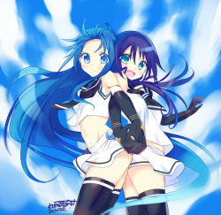 Rule 34 | 10s, 2girls, :d, aqua eyes, artist name, back-to-back, bare shoulders, black gloves, black legwear, blue eyes, blue hair, blue sky, cloud, day, elbow gloves, from side, gloves, hair ribbon, holding hands, kantai collection, kumatora tatsumi, long hair, looking at viewer, looking to the side, multiple girls, neckerchief, open mouth, purple hair, purple ribbon, ribbon, samidare (kancolle), shirt, signature, skirt, sky, sleeveless, sleeveless shirt, smile, standing, suzukaze (kancolle), thighhighs, very long hair, white shirt, white skirt, zettai ryouiki