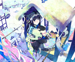 Rule 34 | 1girl, bell, black hair, blue eyes, female focus, from above, house, ice, japanese clothes, looking up, original, outdoors, smile, snow, solo, takano kou, winter