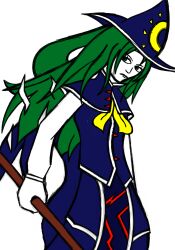 Rule 34 | 1girl, alternate costume, ascot, blue dress, blue skirt, cape, dress, frown, green eyes, green hair, hat, holding, long hair, looking back, mima (touhou), serenade (gray), simple background, skirt, solo, touhou, touhou (pc-98), witch hat, yellow ascot