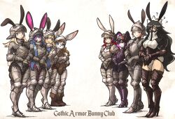 Rule 34 | 6+girls, animal ears, animal nose, armor, armored boots, black eyes, black hair, blonde hair, blue eyes, blue hair, boots, borrowed character, brown hair, character request, corset, couter, english text, executioner maid (centuriic), full body, furry, furry female, gorget, high heel boots, high heels, highres, ironlily, long hair, looking at viewer, multiple girls, original, pauldrons, pink eyes, pink hair, plate armor, puffy sleeves, rabbit ears, red hair, short hair, shoulder armor, sidelocks, simple background, standing, wavy hair, white background
