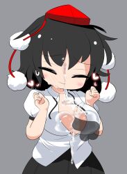 1boy 1girl black_hair black_skirt blank_censor blush breasts censored closed_eyes closed_mouth collared_shirt commentary_request cookie_(touhou) cowboy_shot cum cum_on_body cum_on_breasts cum_on_upper_body ejaculation hands_up hat heart hetero highres large_breasts lets0020 maru_(cookie) medium_bangs nose_blush open_clothes open_shirt paizuri penis perpendicular_paizuri ponytail puffy_short_sleeves puffy_sleeves red_hat shameimaru_aya shirt short_hair short_sleeves simple_background skirt smile solo_focus tokin_hat touhou variant_set white_shirt