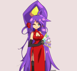 Rule 34 | 1girl, 4foresight1, black gloves, blue eyes, breasts, china dress, chinese clothes, cleavage, dress, elbow gloves, flower, flower on head, garter straps, gloves, hair flower, hair ornament, long hair, looking at viewer, medium breasts, one eye closed, pelvic curtain, ponytail, purple hair, shantae, shantae (series), side slit, sleeveless, smile, solo, turtleneck, very long hair