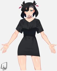 Rule 34 | 1girl, absurdres, alternate costume, asymmetrical hair, black hair, black shirt, blue eyes, collarbone, covered navel, creatures (company), earrings, game freak, grey background, highres, jewelry, l4wless, looking at viewer, marnie (pokemon), nintendo, open mouth, pokemon, pokemon swsh, shirt, signature, simple background, teeth, tongue