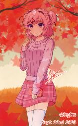 Rule 34 | 1girl, :3, artist name, autumn, autumn leaves, bag, bob cut, branch, breasts, cloud, cloudy sky, clutch, cowboy shot, cumulonimbus cloud, curled fingers, dated, doki doki literature club, eyelashes, falling leaves, grass, hair intakes, hair ornament, hair ribbon, hand on lap, hand up, highres, holding, holding bag, icyles, leaf, light smile, long sleeves, maple leaf, medium breasts, natsuki (doki doki literature club), orange background, pink bag, pink eyes, pink hair, pink skirt, pink sweater, plaid, plaid skirt, pleated skirt, red ribbon, ribbed sweater, ribbon, short hair, signature, skirt, sky, sleeves past wrists, smile, solo, standing, sweater, swept bangs, thighhighs, tree, two side up, white thighhighs, x hair ornament, yellow sky, zettai ryouiki