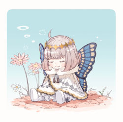 Rule 34 | 1boy, bad id, bad pixiv id, blush, butterfly wings, cape, chibi, closed eyes, closed mouth, diamond hairband, fairy, fate/grand order, fate (series), flower, fur-trimmed cape, fur trim, insect wings, male focus, medium hair, oberon (fate), shichimi (ftlvampire32), silver hair, sitting, solo, white cape, wings