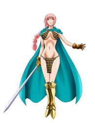 Rule 34 | 1girl, absurdres, armor, bikini armor, braid, breasts, cape, female focus, gladiator, gloves, highres, large breasts, long hair, looking at viewer, navel, one piece, pink hair, rebecca (one piece), simple background, solo, soukichi, sword, weapon