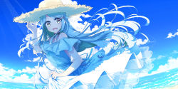 Rule 34 | 1girl, adjusting clothes, adjusting headwear, arm up, blue background, blue hair, blue sky, breasts, cloud, commentary, day, dress, flipped hair, hair ornament, hairclip, happy, hat, highres, imouto sae ireba ii, kani nayuta, long hair, looking at viewer, medium breasts, ocean, off-shoulder dress, off shoulder, open mouth, outdoors, sakuraba yuuki, sidelocks, skirt hold, sky, smile, solo, straw hat, summer, sun hat, sunlight, two-tone background, upper body, water, white background, white dress, yellow eyes