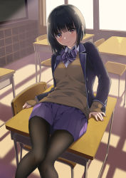 Rule 34 | 1girl, black hair, black jacket, black pantyhose, blazer, bow, bowtie, brown eyes, brown sweater, chair, classroom, collared shirt, commentary request, desk, highres, indoors, jacket, long sleeves, looking at viewer, miniskirt, on desk, open clothes, open jacket, original, pantyhose, pleated skirt, purple skirt, school chair, school desk, school uniform, shirt, short hair, sidelocks, sitting, on desk, skirt, smile, solo, sunlight, sweater, unasaka ryou, undershirt, v-neck, white shirt, window, wing collar