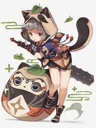Rule 34 | animal ears, animal hood, bent over, deitaku, fake animal ears, fake tail, full body, genshin impact, highres, holding, holding weapon, hood, japanese clothes, leaf, leaf on head, ninjq, parted lips, purple eyes, raccoon ears, raccoon tail, sayu (genshin impact), silver hair, solo, standing, statue, tail, weapon, white background