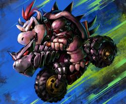 Rule 34 | 1boy, armlet, bowser, bracelet, claws, commentary, disutihada, driving, dry bowser, from side, glowing, glowing eye, highres, horns, jewelry, male focus, mario (series), mario kart, motor vehicle, motorcycle, multicolored background, nintendo, on motorcycle, open mouth, red hair, riding, sharp teeth, short hair, solo, spiked armlet, spiked bracelet, spiked shell, spikes, teeth, turtle shell, yellow eyes