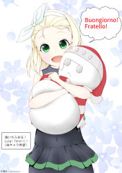 Rule 34 | 10s, :&lt;, blonde hair, green eyes, hat, headband, highres, italian text, kantai collection, looking at viewer, luigi torelli (kancolle), open mouth, roma (kancolle), santa hat, snowman, solo, the roma-like snowman, translation request
