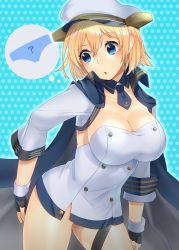 Rule 34 | 1girl, ?, arm at side, azur lane, black gloves, blonde hair, blue background, blue cape, blue eyes, blush, breasts, california (azur lane), cape, cleavage, collarbone, cowboy shot, detached collar, fingerless gloves, gloves, hair between eyes, hat, head tilt, large breasts, maitei roppa, necktie, no panties, panties, parted lips, peaked cap, polka dot, polka dot background, short hair, short necktie, silhouette, solo, thought bubble, underwear, white hair