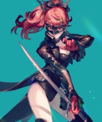 Rule 34 | 1girl, black jacket, black thighhighs, bow, breasts, choker, cleavage, gloves, highres, holding, holding sword, holding weapon, jacket, lemontea, leotard, long hair, looking at viewer, mask, matching hair/eyes, medium breasts, persona, persona 5, persona 5 the royal, ponytail, red eyes, red gloves, red hair, simple background, smile, solo, standing, sword, thighhighs, weapon, yoshizawa kasumi