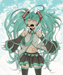 Rule 34 | 1girl, aqua hair, bad id, bad pixiv id, cloud, detached sleeves, closed eyes, female focus, hatsune miku, headset, highres, long hair, navel, necktie, open mouth, skirt, sky, solo, thighhighs, twintails, usagi (1988), very long hair, vocaloid