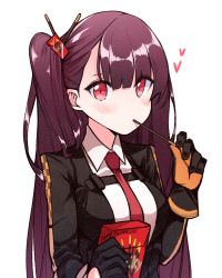 Rule 34 | 1girl, black gloves, blush, closed mouth, eating, food, food in mouth, girls&#039; frontline, gloves, hand up, heart, long hair, looking at viewer, necktie, one side up, pocky, purple hair, red eyes, red necktie, simple background, solo, tosyeo, uniform, upper body, wa2000 (girls&#039; frontline), white background