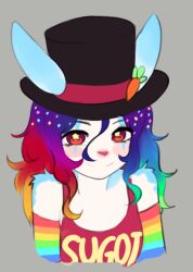Rule 34 | 1girl, animal ears, black hat, blush stickers, closed mouth, clothes writing, clown, colored skin, cropped torso, cupcake (yoako), ears through headwear, elbow gloves, furry, furry female, gloves, gradient hair, grey background, hat, looking at viewer, multicolored clothes, multicolored gloves, multicolored hair, original, purple hair, red shirt, shirt, simple background, smile, solo, top hat, upper body, white skin, yoako