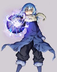 Rule 34 | 1other, absurdres, androgynous, black pants, blue hair, daisx (dais0115), electricity, electrokinesis, feet out of frame, fighting stance, hair between eyes, highres, incoming attack, long hair, long sleeves, looking at viewer, male focus, pants, rimuru tempest, serious, solo, standing, tensei shitara slime datta ken, wide-eyed, wind, yellow eyes