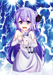 Rule 34 | 1girl, ahoge, azur lane, bare shoulders, black bow, black ribbon, blush, bow, commentary request, criss-cross halter, crying, crying with eyes open, detached sleeves, dress, electricity, fang, hair between eyes, hair bun, hair ornament, hair ribbon, halterneck, highres, long hair, long sleeves, looking at viewer, makoto (makoto2468), nose blush, hugging object, one side up, open mouth, purple eyes, purple hair, ribbon, side bun, sidelocks, single hair bun, single side bun, solo, stuffed animal, stuffed pegasus, stuffed toy, stuffed unicorn, stuffed winged unicorn, tears, unicorn (azur lane), very long hair, white dress