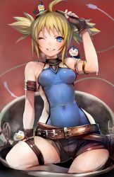 Rule 34 | 10s, 1girl, arm strap, bare shoulders, belt, blonde hair, blue eyes, brown gloves, fingerless gloves, gloves, gradient background, granblue fantasy, highres, multiple belts, one eye closed, pengie, shirt, shorts, solo, taishi (picchiridou), thigh strap, twintails