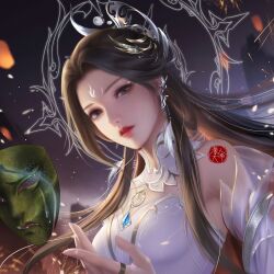 Rule 34 | 1girl, arm up, brown hair, detached collar, detached sleeves, dress, earrings, facial mark, floating, floating object, forehead mark, halo, halo behind head, hen ren nudi (zhe tian), highres, jewelry, lantern, long hair, mask, mountain, night, parted lips, qiushui feng ke, second-party source, solo, teeth, white dress, zhe tian