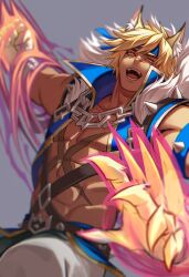 Rule 34 | 1boy, abs, animal ears, blonde hair, blue headband, blue vest, clenched hand, cross scar, fighting stance, headband, highres, imone illust, large pectorals, league of legends, male focus, muscular, muscular male, navel, official alternate costume, open clothes, open mouth, pants, pectorals, scar, scar on chest, scar on face, scar on nose, sett (league of legends), short hair, solo, soul fighter sett, vest, white pants