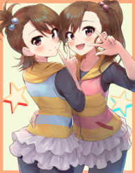 Rule 34 | 2girls, absurdres, asymmetrical bangs, bike shorts, black shirt, blush, border, collarbone, cowboy shot, frilled skirt, frills, futami ami, futami mami, hair bobbles, hair ornament, hand on another&#039;s hip, highres, hood, hooded vest, hoodie, idolmaster, idolmaster (classic), idolmaster million live!, looking at viewer, multiple girls, nape, one side up, orange border, shirt, shorts, shorts under skirt, shuucream (syuichi), siblings, side ponytail, simple background, sisters, skirt, smile, star (symbol), twins, v, vest, w, white skirt, zipper