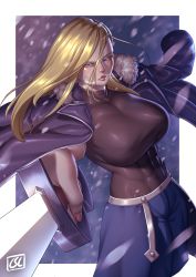 Rule 34 | 1girl, abs, blonde hair, blue eyes, blush, breasts, breath, female focus, fighting stance, fullmetal alchemist, highres, jacket, jacket on shoulders, large breasts, long hair, looking at viewer, military, military uniform, muscular, muscular female, olivier mira armstrong, pale skin, pointing, pointing at viewer, snowing, solo, sword, turtleneck, uniform, weapon