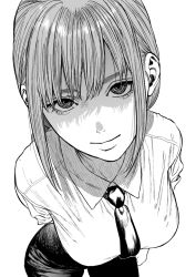 Rule 34 | 1girl, chainsaw man, greyscale, hair between eyes, kimidake, looking at viewer, makima (chainsaw man), monochrome, necktie, shaded face, simple background, smile, solo, white background