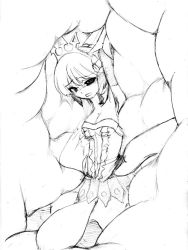 Rule 34 | 1girl, arms up, breasts, camel (dansen), cleavage, elbow gloves, gloves, gwendolyn (odin sphere), inside creature, monochrome, odin sphere, tiara, vore