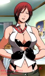 Rule 34 | 1girl, bare shoulders, bra, breasts, buttons, cleavage, closed eyes, closed mouth, gloves, large breasts, mature female, open clothes, open shirt, red hair, red tie, saigado, shirt, short hair, snk, solo, the king of fighters, tomboy, underwear, vanessa (kof), white shirt