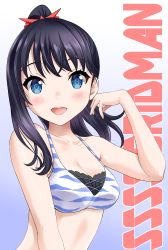 Rule 34 | 10s, 1girl, :d, bare arms, bare shoulders, black hair, blue eyes, blush, breasts, cleavage, collarbone, commentary request, copyright name, gradient background, gridman universe, hand up, high ponytail, highres, looking at viewer, medium breasts, neko danshaku, open mouth, ponytail, purple background, smile, solo, ssss.gridman, takarada rikka, teeth, upper teeth only, white background