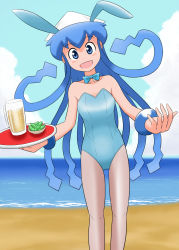 Rule 34 | 1girl, :d, alternate costume, animal ears, bare arms, bare shoulders, beach, blue bow, blue bowtie, blue eyes, blue hair, blue leotard, blue sky, blush, bow, bowtie, breasts, bunny day, cloud, cloudy sky, collarbone, commentary request, day, detached collar, fake animal ears, feet out of frame, food, food request, hands up, hat, head tilt, highres, holding, holding tray, horizon, ikamusume, leotard, long hair, morinaka hajime, ocean, open mouth, outdoors, pantyhose, playboy bunny, prehensile hair, rabbit ears, raised eyebrows, reaching, reaching towards viewer, see-through, see-through legwear, shinryaku! ikamusume, skinny, sky, small breasts, smile, solo, standing, strapless, strapless leotard, tareme, tentacle hair, thigh gap, tray, very long hair, white hat, wing collar