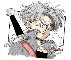 Rule 34 | 1boy, arms at sides, black shirt, border, close-up, closed mouth, cloud, cloudy sky, popped collar, collared jacket, commentary request, denim, denim jacket, dragon ball, dragonball z, expressionless, fenyon, floating hair, frown, grey eyes, grey hair, jacket, looking at viewer, male focus, mountain, outdoors, pectorals, rock, shaded face, shirt, simple background, sky, solo, sword, thank you, trunks (dragon ball), trunks (future) (dragon ball), twitter username, upper body, weapon, white background, white border