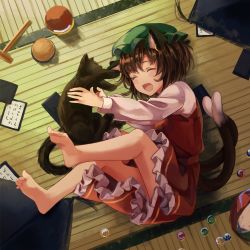 Rule 34 | 1girl, animal ears, barefoot, blouse, brown hair, cat, cat ears, cat tail, chen, chinese clothes, closed eyes, earrings, frilled skirt, frills, from above, from side, full body, green headwear, hat, highres, indoors, jewelry, karuta (card game), long sleeves, lying, marble (toy), mob cap, multiple tails, nekomata, on back, open mouth, red skirt, red vest, sero3eta, shirt, single earring, skirt, tail, touhou, two tails, uta-garuta, vest, white shirt
