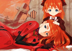 Rule 34 | 2girls, blue eyes, bow, child, cross, dual persona, expressionless, hair bow, hand on another&#039;s head, lying, multiple girls, neon genesis evangelion, orange hair, plugsuit, souryuu asuka langley, time paradox, two side up, walrus-ruin, aged down