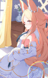 Rule 34 | 1girl, absurdres, anno (yukikaze 08), backless outfit, bird, blonde hair, blue archive, breasts, commentary request, curtains, detached sleeves, dress, halo, highres, indoors, long hair, looking at viewer, pink eyes, revision, seia (blue archive), slit pupils, small breasts, smile, solo, white dress, white sleeves