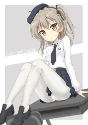 Rule 34 | 1girl, beret, black bow, black footwear, black hairband, black headwear, black necktie, black skirt, blush, bow, breasts, brown eyes, brown hair, chair, collared shirt, commentary request, copyright name, desk, flipper, girls und panzer, grey background, hairband, hat, head tilt, loafers, long hair, long sleeves, looking at viewer, lying, necktie, on desk, on side, panties, panties under pantyhose, pantyhose, parted lips, pleated skirt, school chair, school desk, shimada arisu, shirt, shoes, sitting, on desk, skirt, small breasts, solo, two-tone background, underwear, white background, white pantyhose, white shirt
