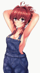 Rule 34 | 1girl, ahoge, alternate costume, arashi (kancolle), blue overalls, breasts, crossed bangs, denim, hair intakes, haoto (arnica leaf), highres, kantai collection, medium breasts, medium hair, messy hair, naked overalls, overalls, purple eyes, red hair, simple background, solo, sweat, white background