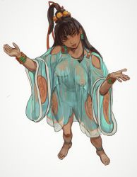 Rule 34 | 1girl, absurdres, ankleband, barefoot, black hair, blue dress, bracelet, breasts, brown eyes, chel (the road to el dorado), clothing cutout, dark-skinned female, dark skin, dress, earrings, full body, hands up, head tilt, high ponytail, highres, jewelry, large breasts, long hair, looking at viewer, maya (culture), mayan clothes, mossacannibalis, nipples, real life, see-through, see-through dress, shoulder cutout, simple background, smile, solo, the road to el dorado, white background