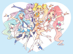Rule 34 | 10s, 4girls, arm up, blue skirt, boots, bow, brooch, chypre (heartcatch precure!), coffret (heartcatch precure!), cure blossom, cure marine, cure moonlight, cure sunshine, hanasaki tsubomi, heart, heart background, heart brooch, heartcatch precure!, highres, hijiri rei, jewelry, knee boots, kurumi erika, long hair, magical girl, mascot, multiple girls, myoudouin itsuki, orange bow, outstretched arms, pink bow, potpourri (heartcatch precure!), precure, skirt, smile, spread arms, symmetry, thighhighs, tsukikage yuri, very long hair, waist bow
