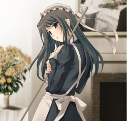 Rule 34 | 1girl, apron, blue eyes, blurry, blush, bouquet, brown hair, depth of field, fireplace, flower, head tilt, looking back, maid, maid apron, maid headdress, photo (object), solo, sugina miki, vase