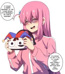 Rule 34 | 1girl, :d, ^ ^, absurdres, blush, bocchi the rock!, closed eyes, commentary, gotoh hitori, head-mounted display, highres, hinghoi, holding, jacket, long hair, long sleeves, open mouth, pink hair, pink jacket, pomni (the amazing digital circus), smile, solo, speech bubble, sweat, the amazing digital circus, upper body, very long hair